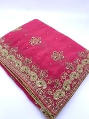 Pembe Boncuk İşlemeli Saree / Sari - Nepal'den ithal 8 metre sari kumaşı