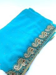Açık Mavi Boncuk İşlemeli Saree / Sari - Nepal'den ithal 8 metre kumaş