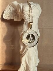 Ayetel Kürsi ve Nur Esması Yazılı Çelik Kolye - Altın Renkli (3 cm çap)