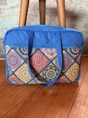 Mandala Desenli, Uzun ve Kısa Askılı Mavi Lap Top Çantası ( 38*28 cm) (Süngerli, Bol Cepli)